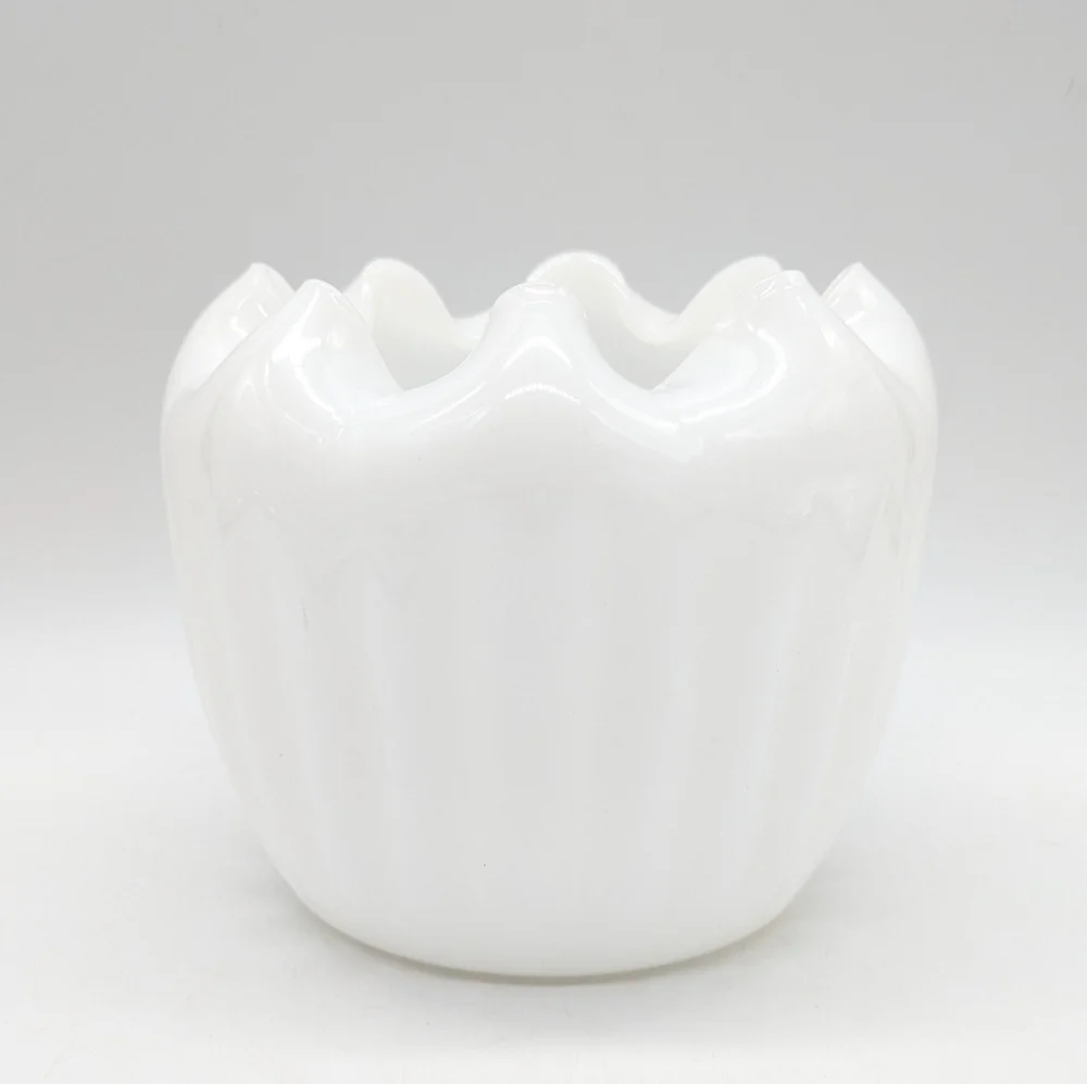 Vintage Pinch Ruffle Scalloped Edge White Milk Glass Vase